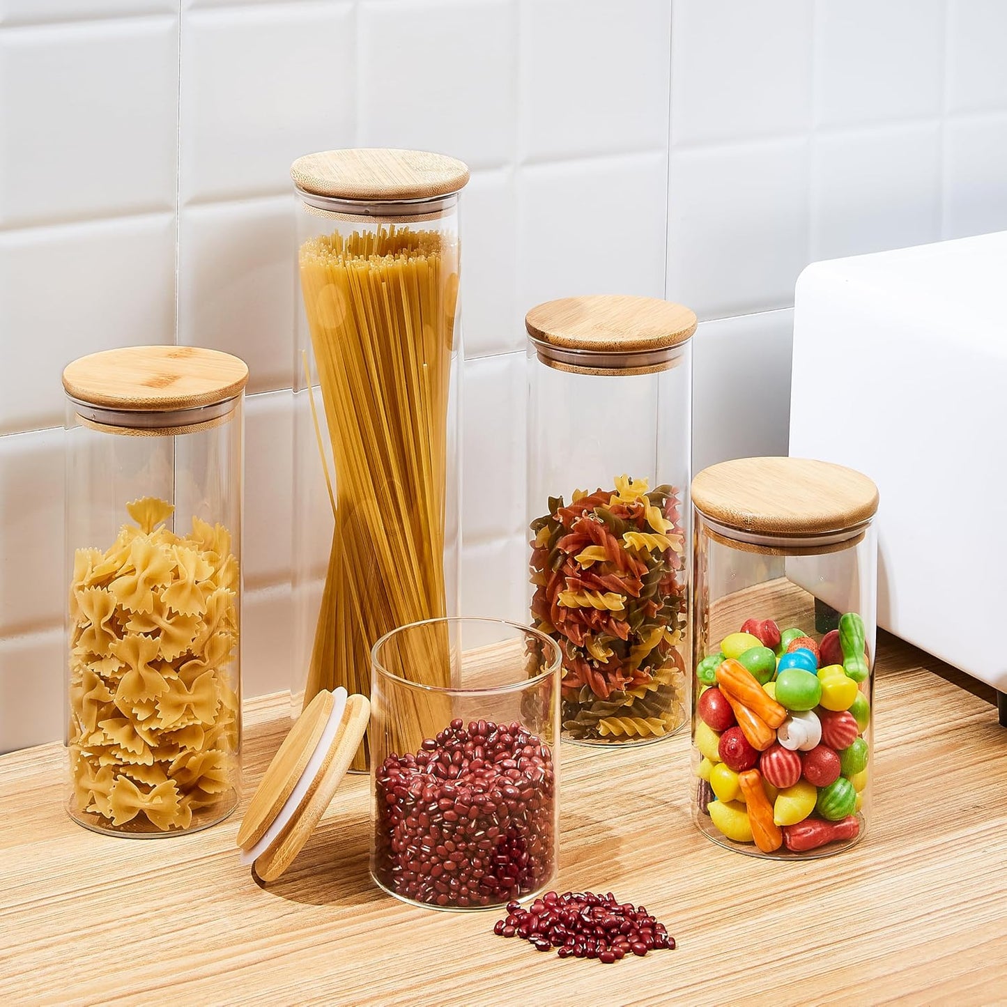 34oz Glass Food Storage Jars, Glass Jars with Bamboo Lids, Kitchen Storage Jars, Set of 8, Canisters with Airtight Lids for Spice, Coffee, Cookie, Pantry Organizers