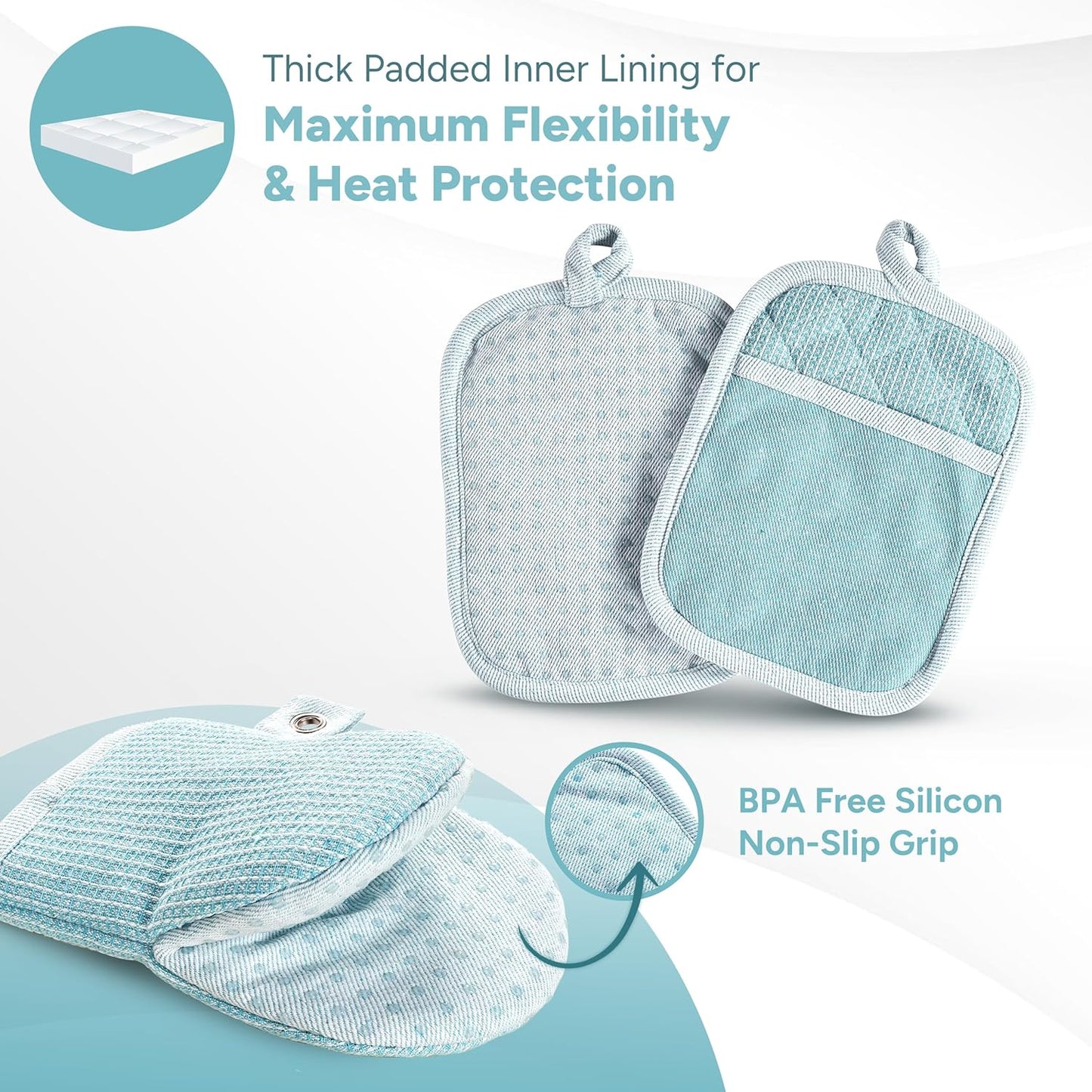 Casa Platino Oven Mitts and Pot Holders Sets, 8-Piece – 500°F Heat Resistant Mini Oven Mitts with Silicone Grip, Potholders for Kitchens, 2 Kitchen Towels & 2 Dish Cloths – Non-Slip & Durable – Aqua