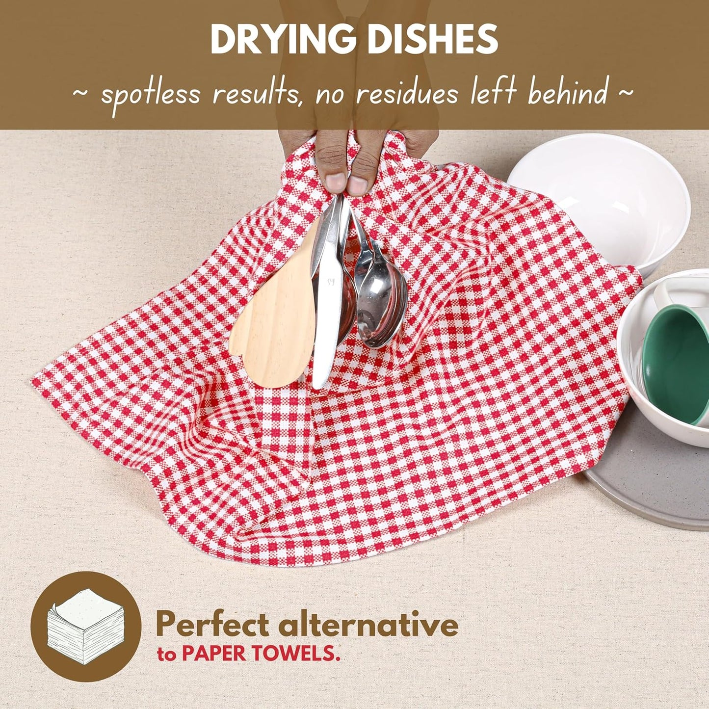 Native Fab Gingham Cotton Kitchen Towel 4 Pack 16"x26" - Absorbent Tea Linen Towels, Dish Cloths, Restaurant Cleaning Towel, Dish Towels with Hanging Loop, Red White