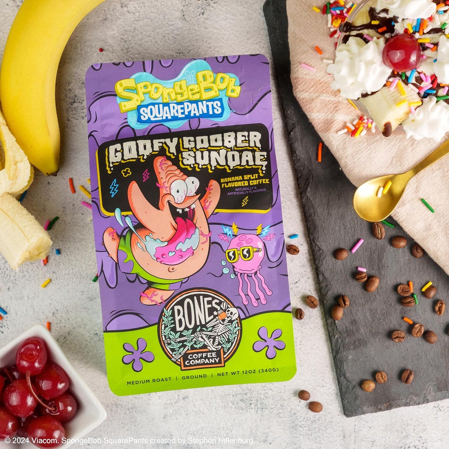 Bones Coffee Company Spongebob Goofy Goober Sundae, Banana Split Flavored Coffee, Medium Roast Low Acid Arabica Beans Compatible with Auto drip and French Press Coffee Maker, 12 Oz Ground