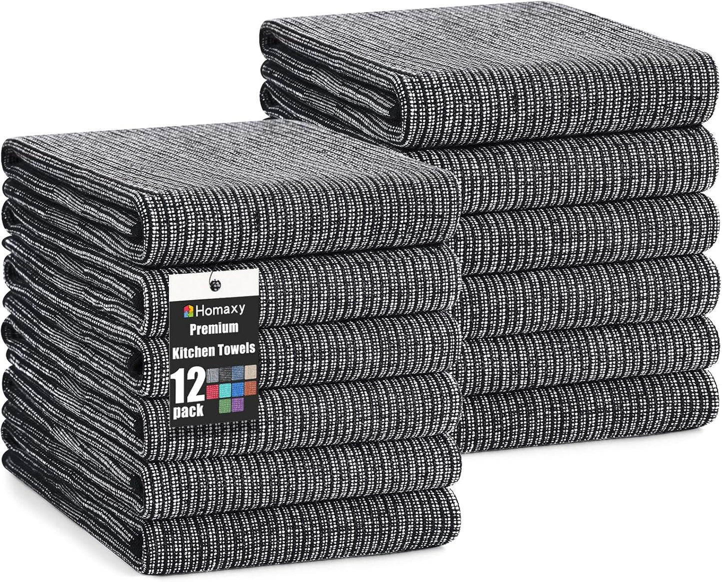 Homaxy Premium Kitchen Towels(18”x 28”, 12 Pack), Large Cotton Kitchen Hand Towels, Flat and Terry Dish Towels, 380 GSM Highly Absorbent Tea Towel Set with Hanging Loop, Black