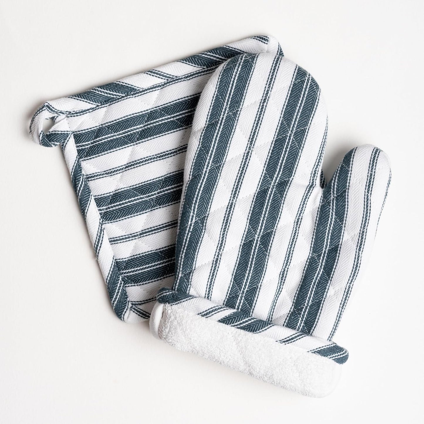 1 Oven Mitt, 1 PotHolder & 1 Kitchen Apron Set - Durable Heat Resistant Gloves - Thick Mittens for Kitchen - Suitable for Cooking, Baking, Grilling – Men & Women – Navy Blue Stripes - Casa De Lan