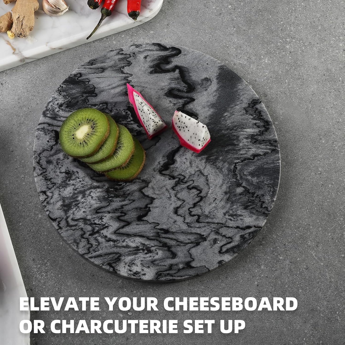 Koville African Natural Marble Cutting Board for Kitchen, 11inch Round Hand Crafted Marble Slab for Cheese, Charcuterie, Pastry Board - Wedding Gift, House Warming Gift(Monte Grigio)