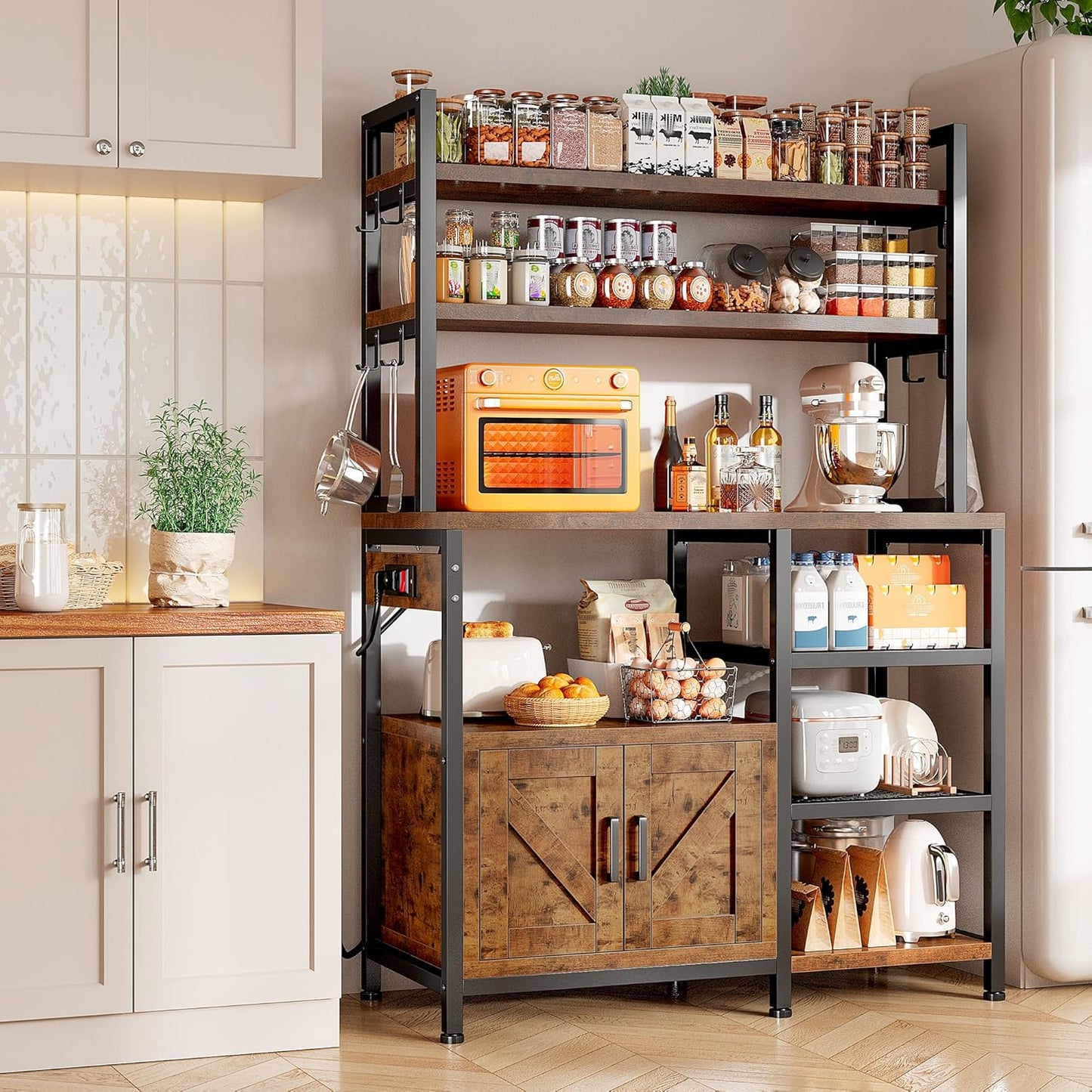 EnHomee Bakers Rack with Power Outlet, 6 Tier Microwave Stand, Coffee Bar Organizer with 8 L-Shaped Hooks, Kitchen Shelves with Storage, 14.1 x 30.1 x 63.1 Inches, Rustic Brown