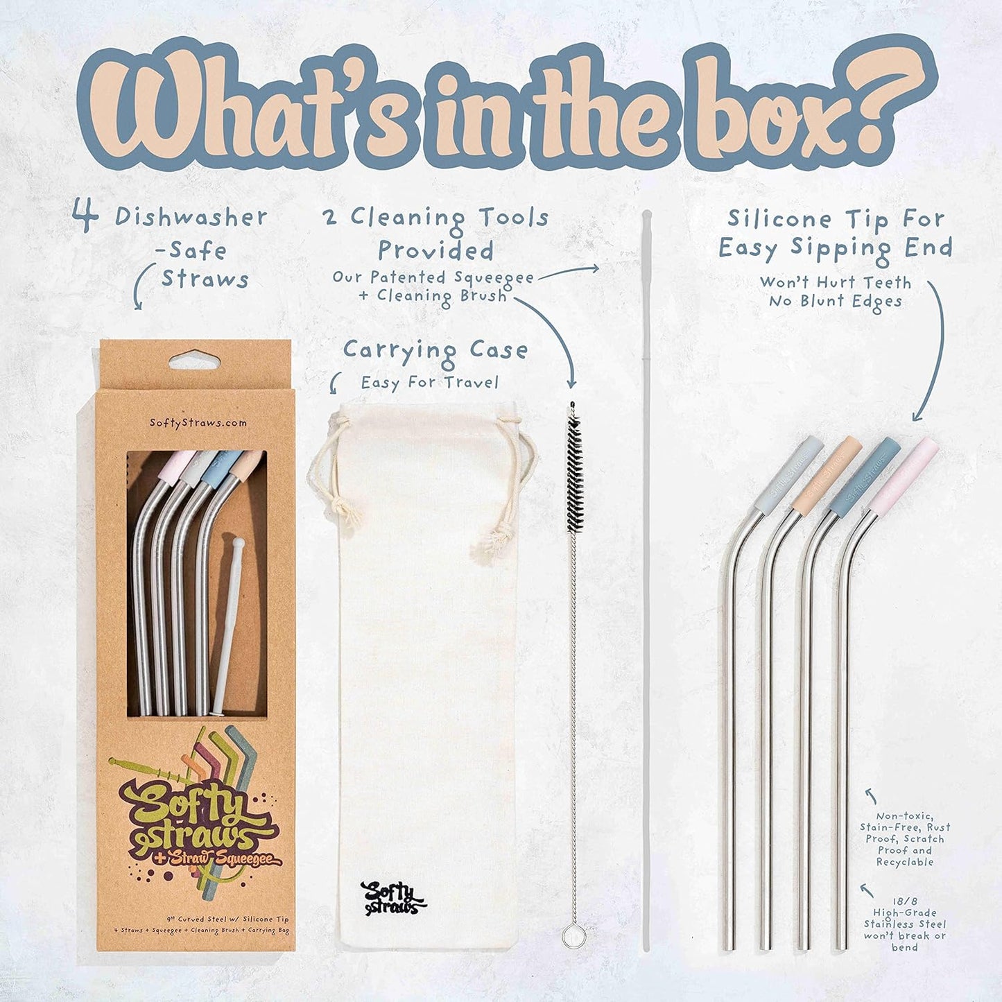 Premium Reusable Stainless Steel Drinking Straws With Silicone Tips + Patented Straw Cleaners and Carrying Case - 9” Long Metal With Curved Bend for 20/30/32oz Tumblers - Natural Colors