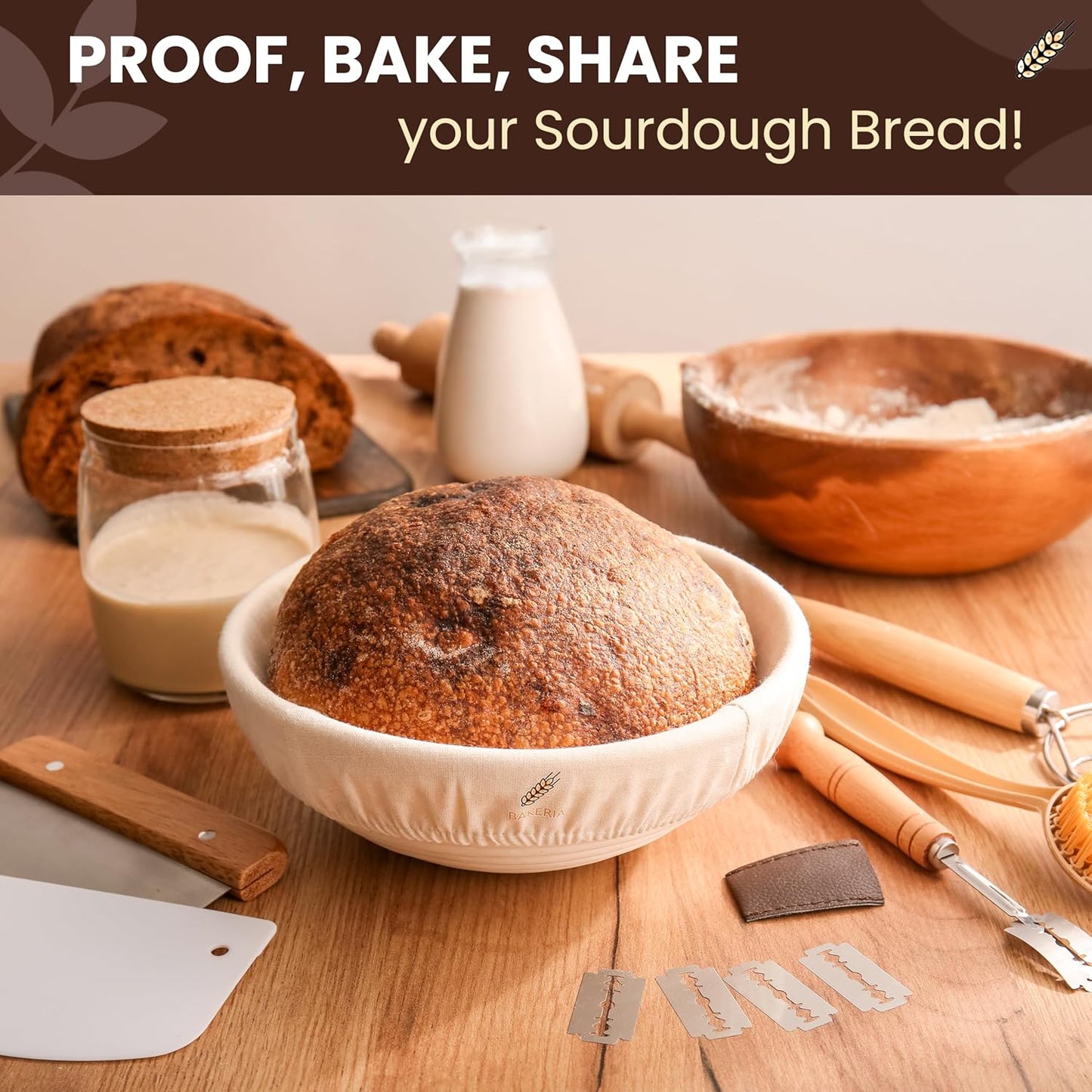 BAKERIA 9" Banneton Proofing Basket Kit (Round) – Sourdough Bread Making Set with Danish Whisk, Bread Lame + 5 Blades, 2 Scrapers, Brush, Linen Liner & Recipe Book – No Starter Culture