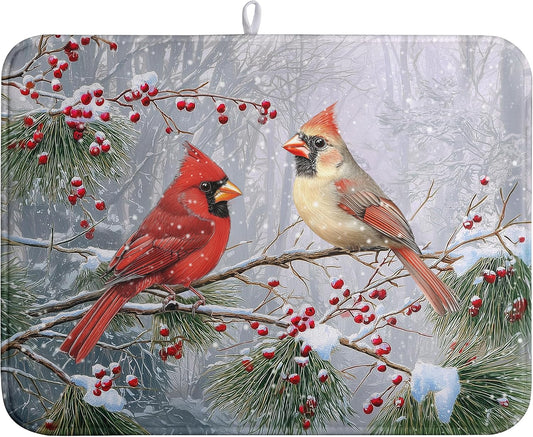 Winter Cardinal Birds Dish Drying Mats Christmas Snowflake Dish Mat Kitchen Tree Large Drying Matt Dishes Dryer Pad for Kitchen Counter Absorbent Microfiber Washable Foldable Reusable 18x24 in