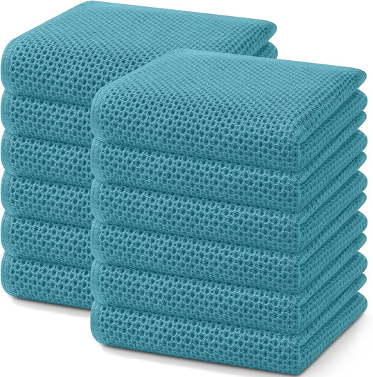 Homaxy 100% Cotton Waffle Weave Kitchen Dish Towels, Ultra Soft Absorbent Quick Drying Cleaning Towel, 13 x 28 Inches, 12-Pack,Lake Blue