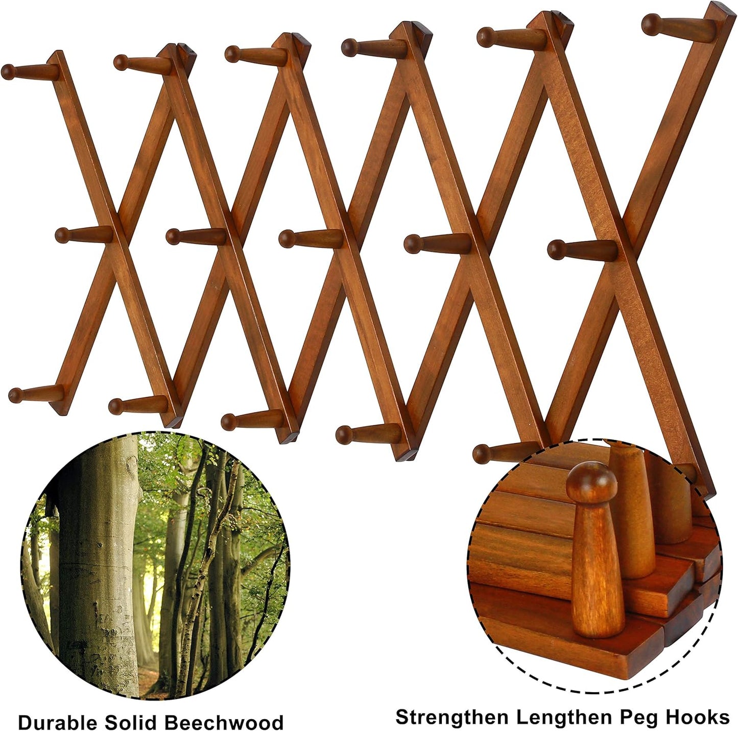 Dseap Accordian Wall Hanger: 16” High Wooden Wall Expandable Coat Rack, Hat Rack Holder, Accordion Hook for Baseball Caps, Coats, Mugs, 17 Peg Hooks, Brown