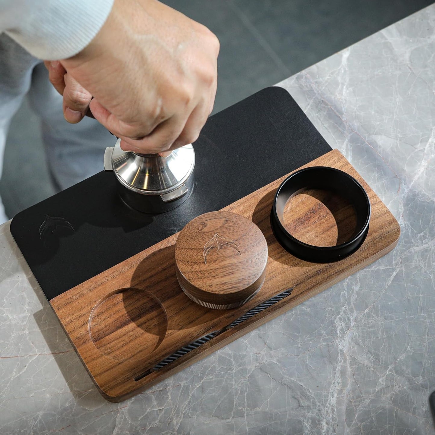 54mm Tamping Mat For Breville Espresso Machine Accessories Walnut & Leather Tamp Station Organizer with Multi-Slot Design for Espresso Tools Tamper, Distributor, Funnel & Puck Screens