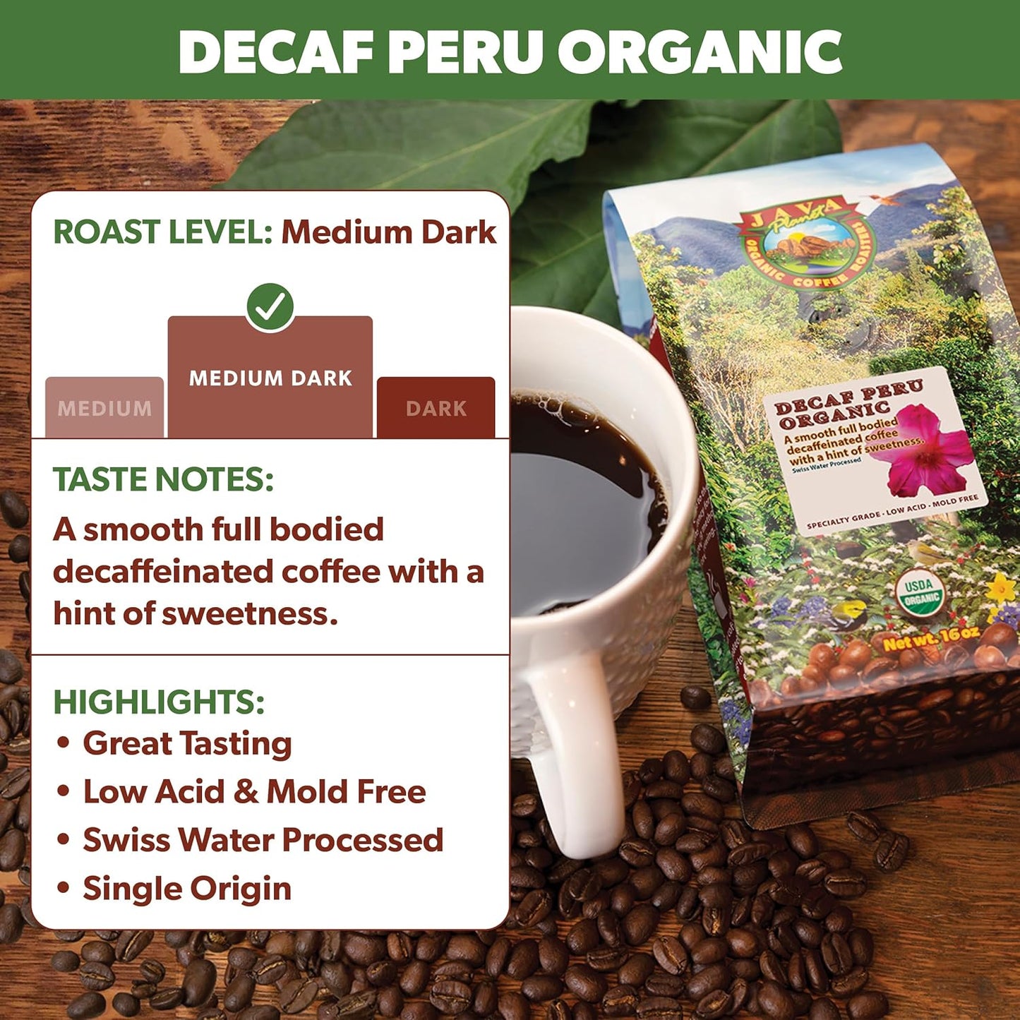 Low Acid Organic Coffee – Whole Bean, Mold-Free & Stomach Friendly by Java Planet, Peruvian Single Origin Decaf Coffee, Water Process, Medium Dark Roast, Smooth Full Flavored, 5LB Bag