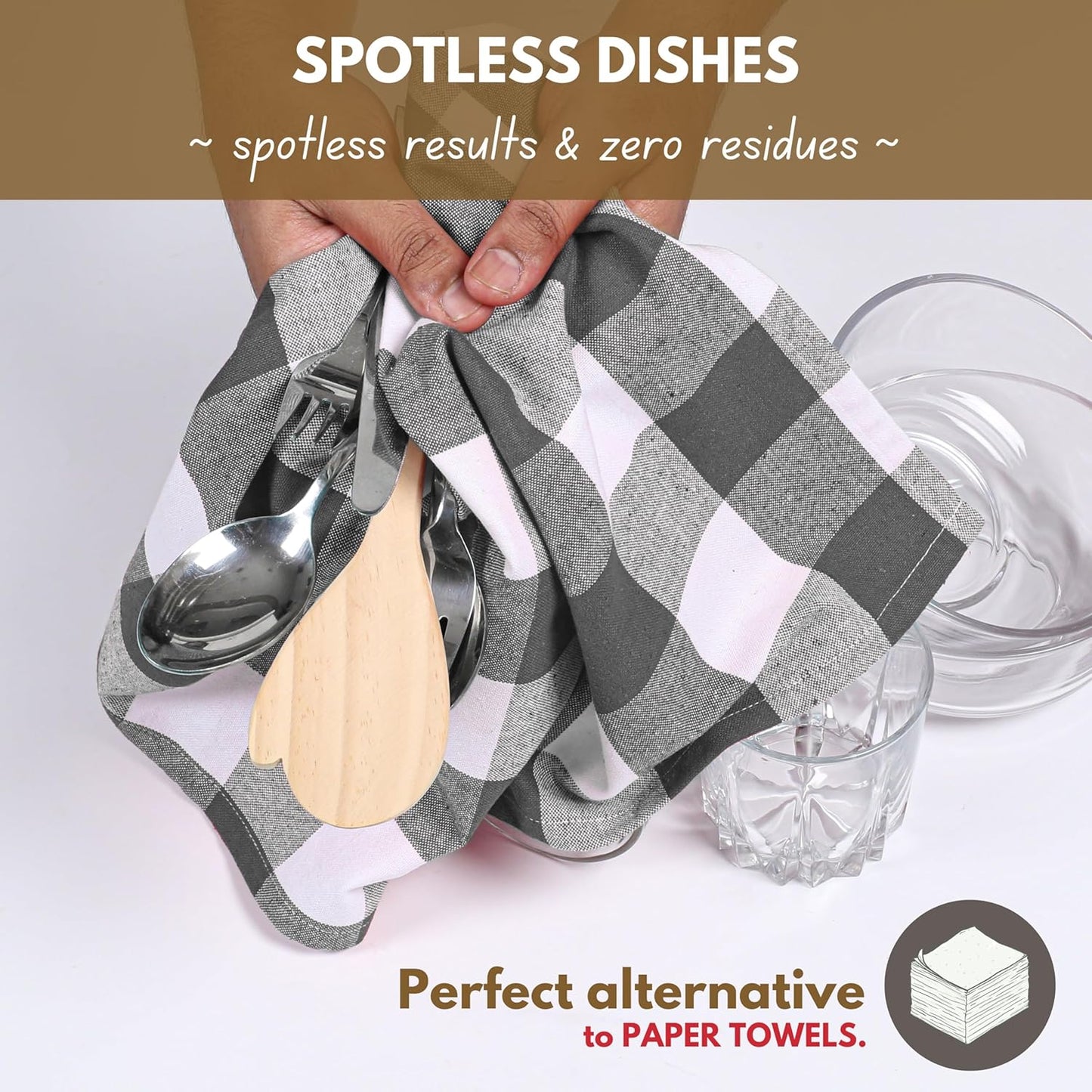 Native Fab 6-Pack Kitchen Towel with Hanging Loop 16x26 inches, Cotton Buffalo Check Kitchen Towels for Cleaning Drying, Washcloths Soft & Absorbent Cloth Rags, Bar Towel, Dish Cloth, Grey