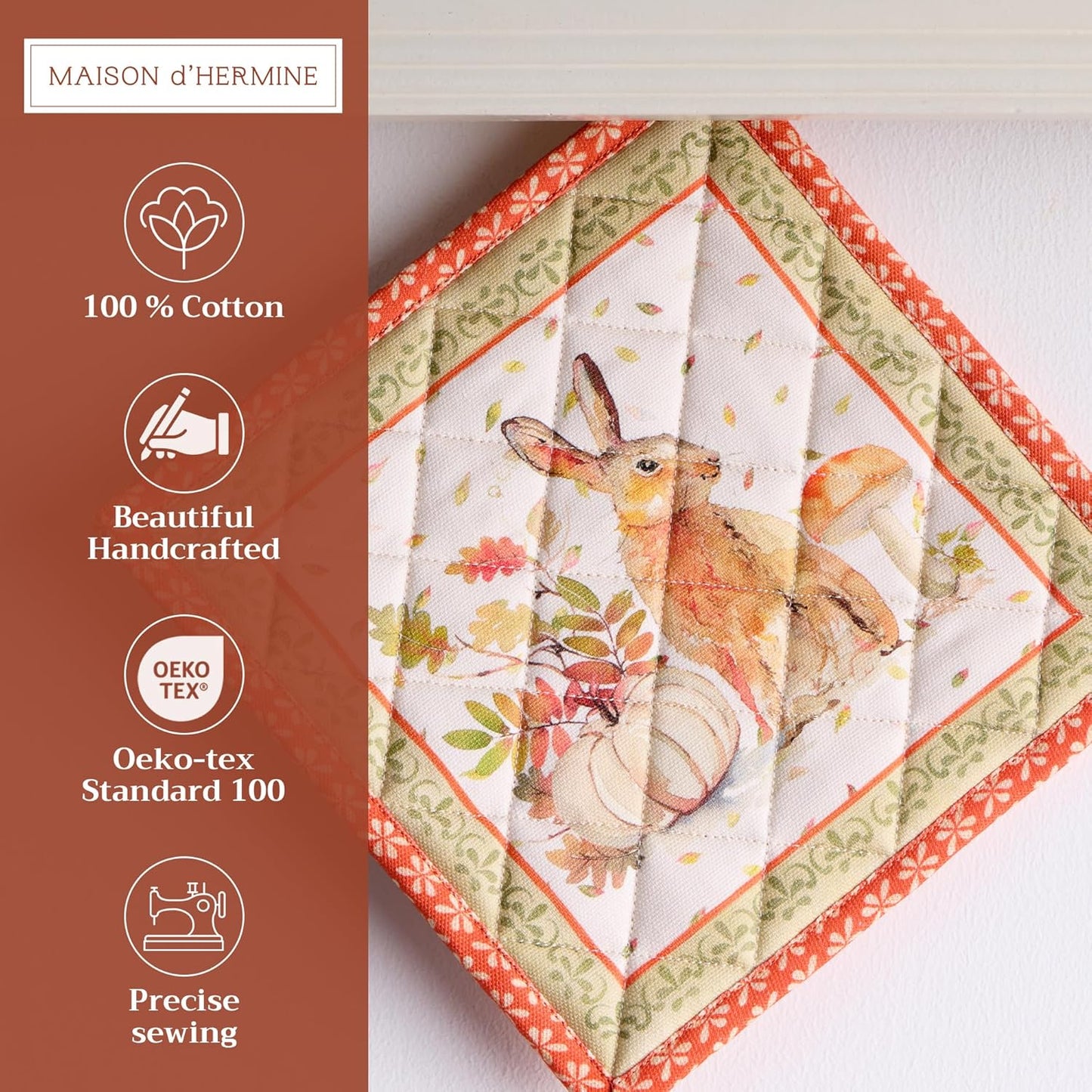 Maison d' Hermine Pot Holders 100% Cotton Heat Resistant Potholders 8" x 8" Hot Pads with Loop BBQ, Cooking, Baking, Grilling, Kitchen, Handling Hot Pans (Pack of 1, Pumpkin Passion)