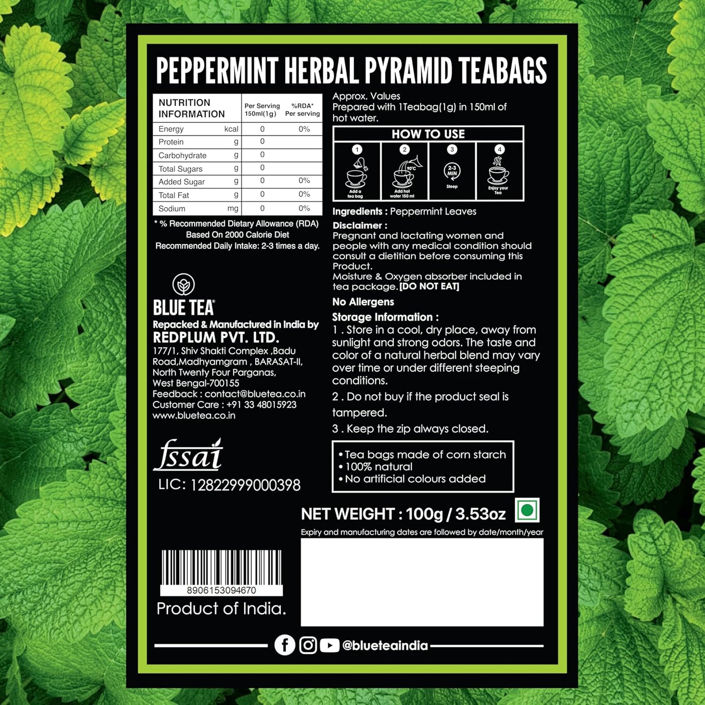 BLUE TEA - Peppermint Tea - 100 Count - Plant Based Tea Bag | SUPPORTS DIGESTION | Antioxidant Rich | Fresh & Cool Minty Flavour | Caffeine Free - Herbal Tea - Non-Bitter - Leaf Based | Ziplock Pack