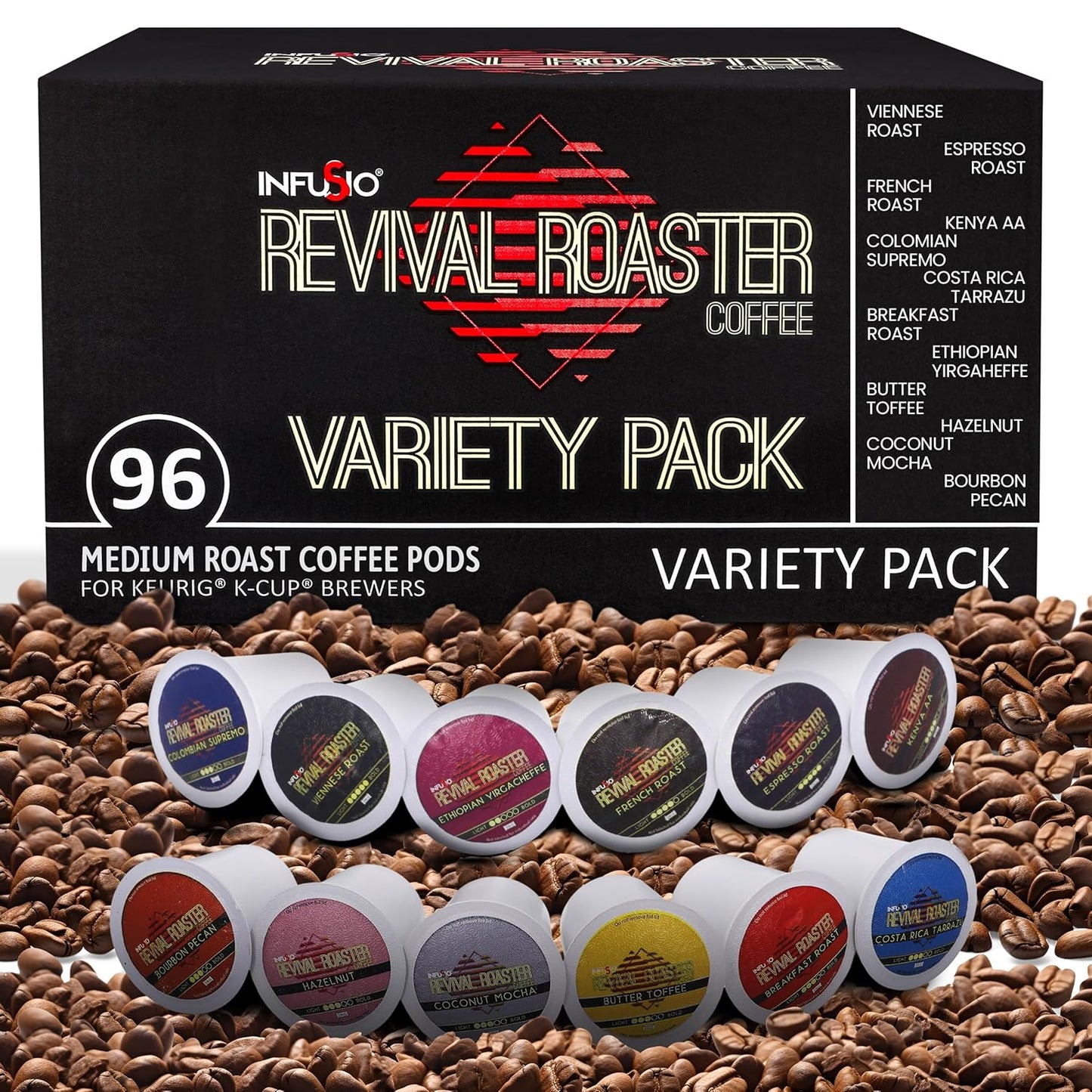 InfuSio Coffee Pods Variety Pack – 96 Count, 12 Crafted Medium & Dark Roast Blends and Artisan-Inspired Flavors Like Bourbon Pecan & Butter Toffee, Revival Roaster Collection, Compatible with Keurig 2.0 Brewers