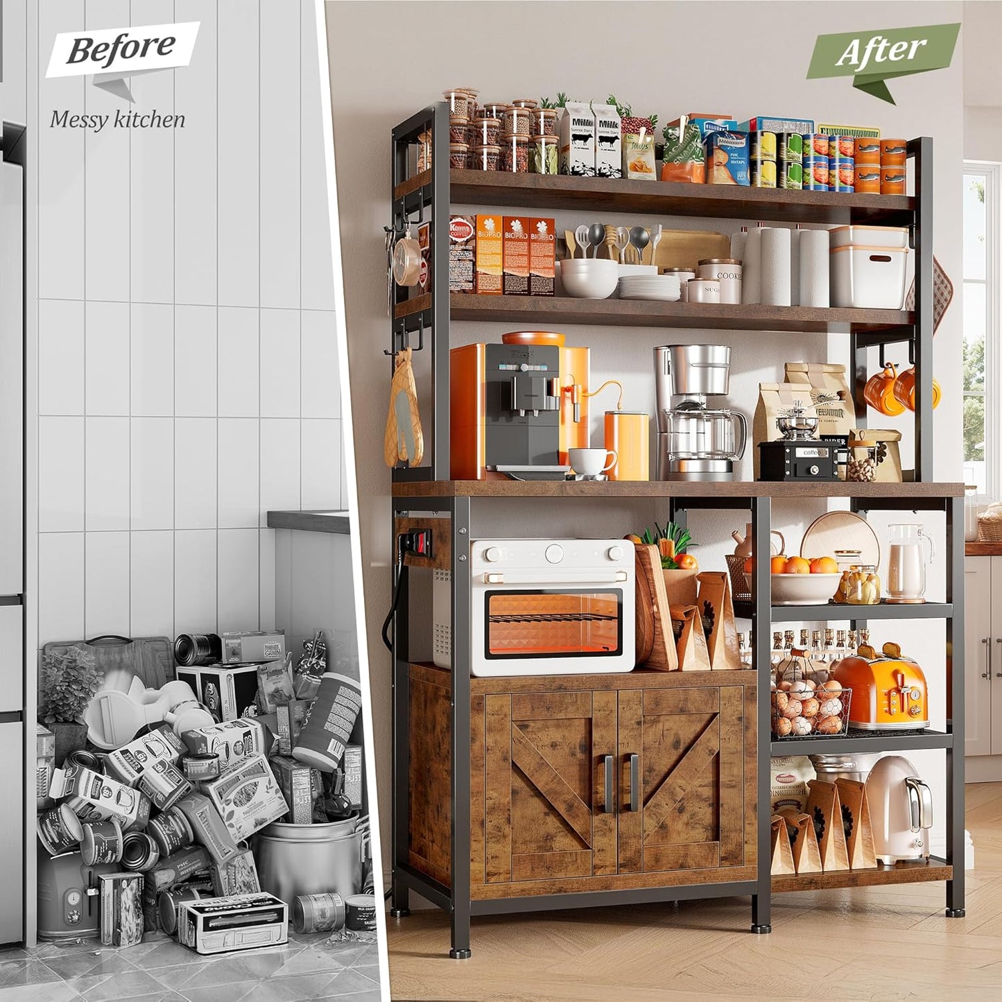 EnHomee Bakers Rack with Power Outlet, 6 Tier Microwave Stand, Coffee Bar Organizer with 8 L-Shaped Hooks, Kitchen Shelves with Storage, 14.1 x 30.1 x 63.1 Inches, Rustic Brown