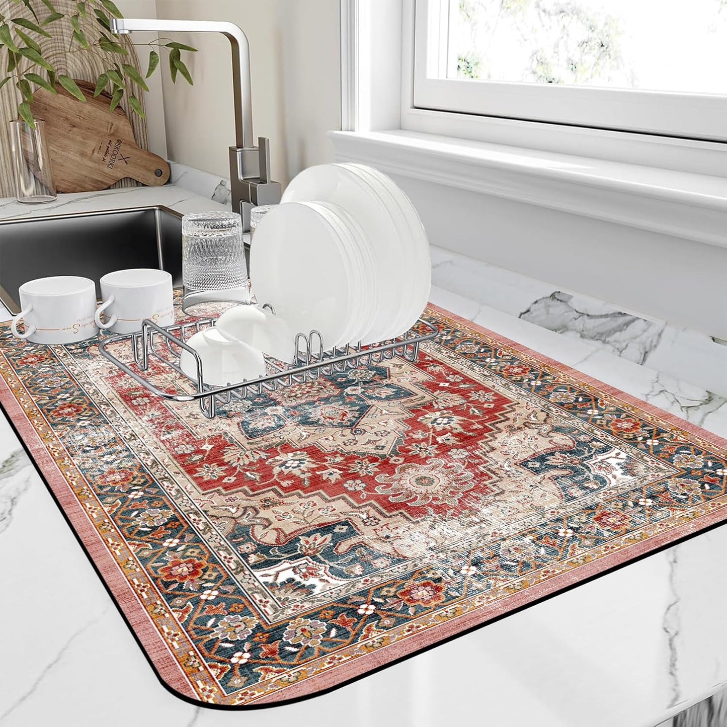 Dish Drying Mat Persian Style Textile Rug Texture Dish Drying Pad,12"X19"Bsorbent Coffee Mat for Sink Dishes or Under Rack Kitchen Counter Accessories Absorbent Hide Stain Drying Mat