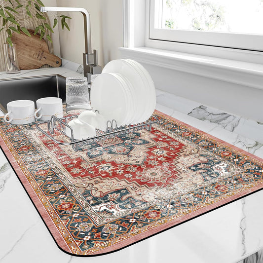 Dish Drying Mat Persian Style Textile Rug Texture Dish Drying Pad,12"X19"Bsorbent Coffee Mat for Sink Dishes or Under Rack Kitchen Counter Accessories Absorbent Hide Stain Drying Mat