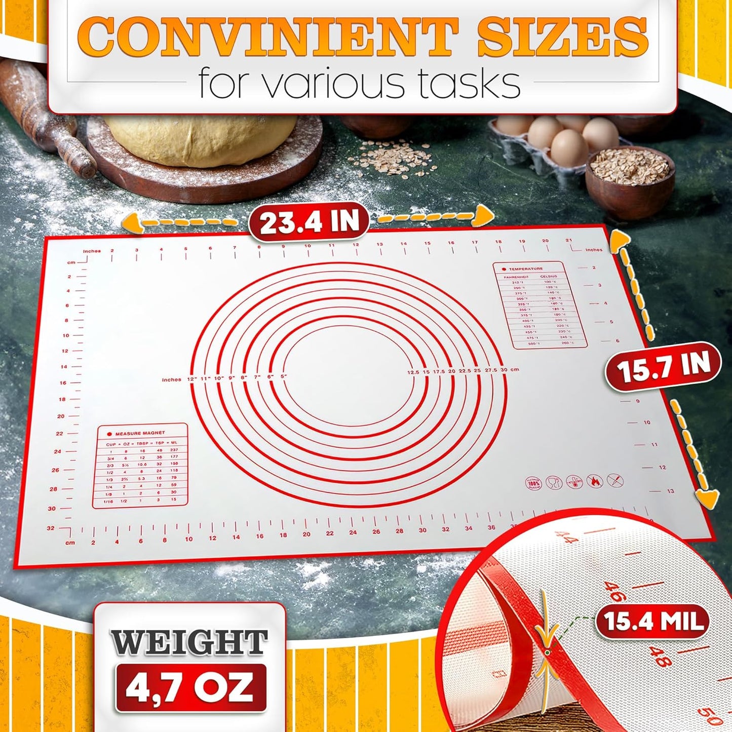 15.7x23.4 Pizza Mats for Rolling Dough - Stain-Proof Large Silicone Baking Mat with Measurements, Non-Stick Baking Rolling Mat - Heat Resistant Kneading Dough Sheet for Bread, Pizza, Pasta & Pie