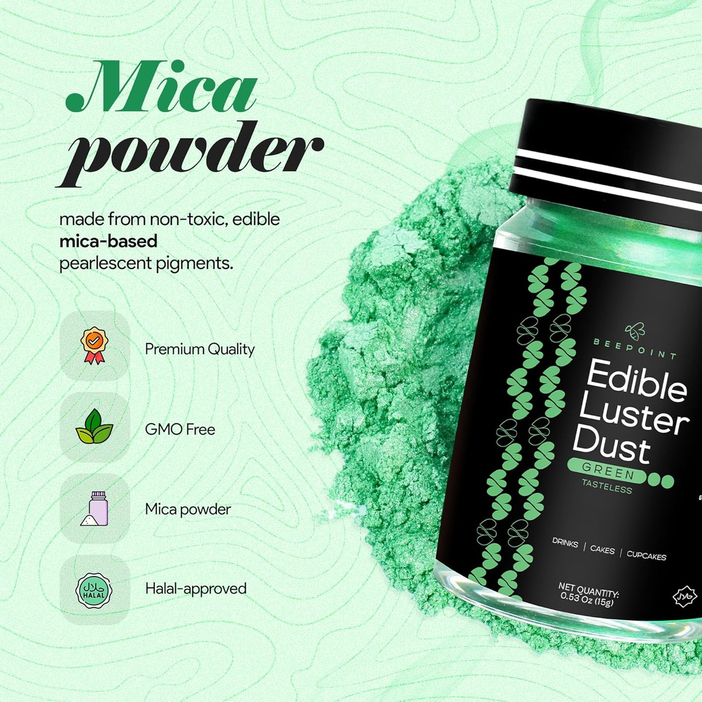 BeePoint Green Edible Luster Dust 15g - Food Grade, Vibrant Color Shimmer Powdered Dust for Drinks, Cocktails, Cake Decorating, Baking, Chocolates, Candy, Sweets, & Cookies - Vegan & Gluten Free