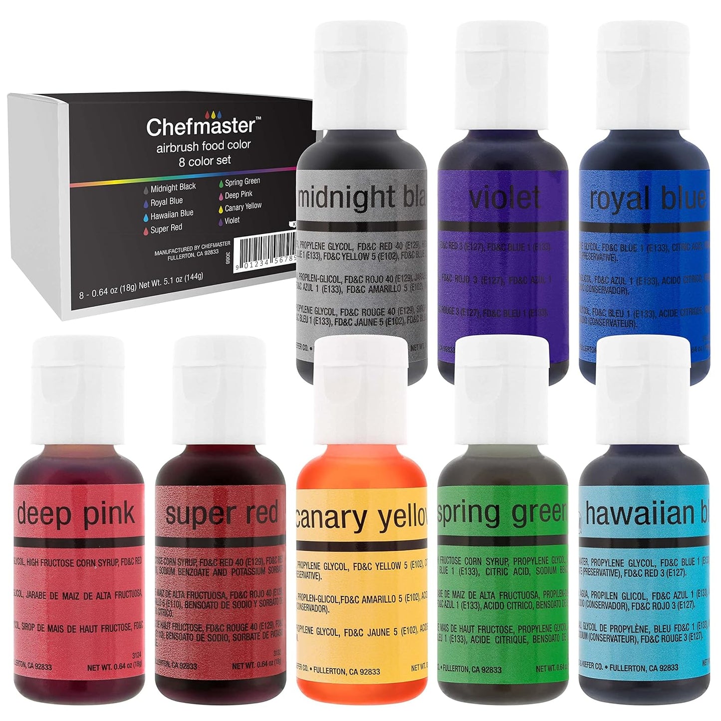 Chefmaster - Airbrush Food Coloring - 8 Color Pack - Vibrant and Fade-Resistant Sheen - Works With Any Airbrush Tool to Achieve Amazing Effects and Designs - Made in the USA