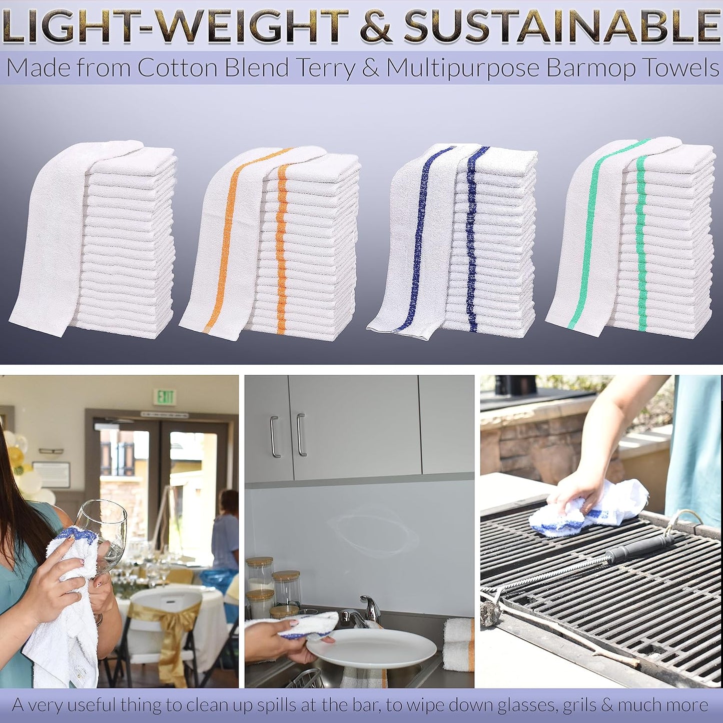 GOLD TEXTILES New Cotton Blend White Restaurant Bar Mops Kitchen Towels (120, Green Stripe)