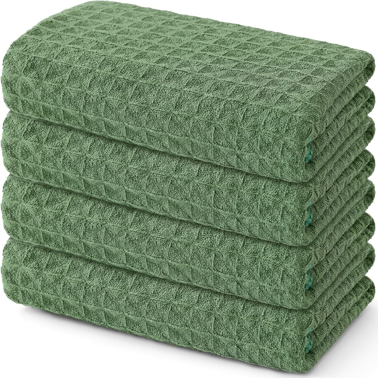 Homaxy Microfiber Waffle Weave Kitchen Towels, 16 x 28 Inch Ultra Absorbent and Solid Color Dish Towels, 4 Pack, Grass Green