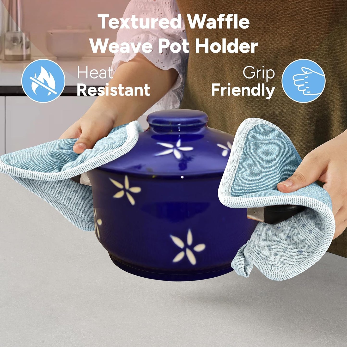 Casa Platino BBQ Gloves & Potholders Set, 4Pc Kitchen Mitts for Oven & Baking, Pot Holder for Hot Pots & Dishes – Heat Resistant Up to 500°F, Non-Slip & Machine Washable – Cornflower