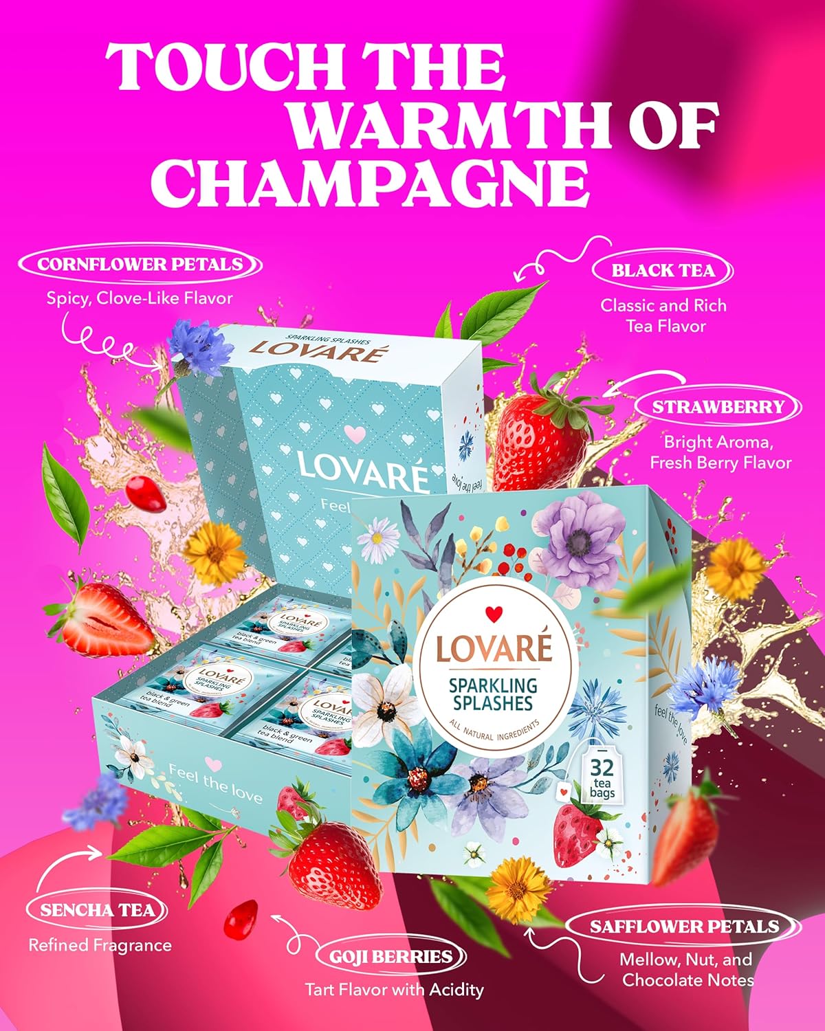 LOVARE Sparkling Splashes Tea Bags 64 g - Made in Ukraine - Classic Black and Sencha Green Flavored Tea Blend - Tea Bags Individually Wrapped - Gift Box Sets for Tea Lovers (32 Tea Bags x 2 g Each)