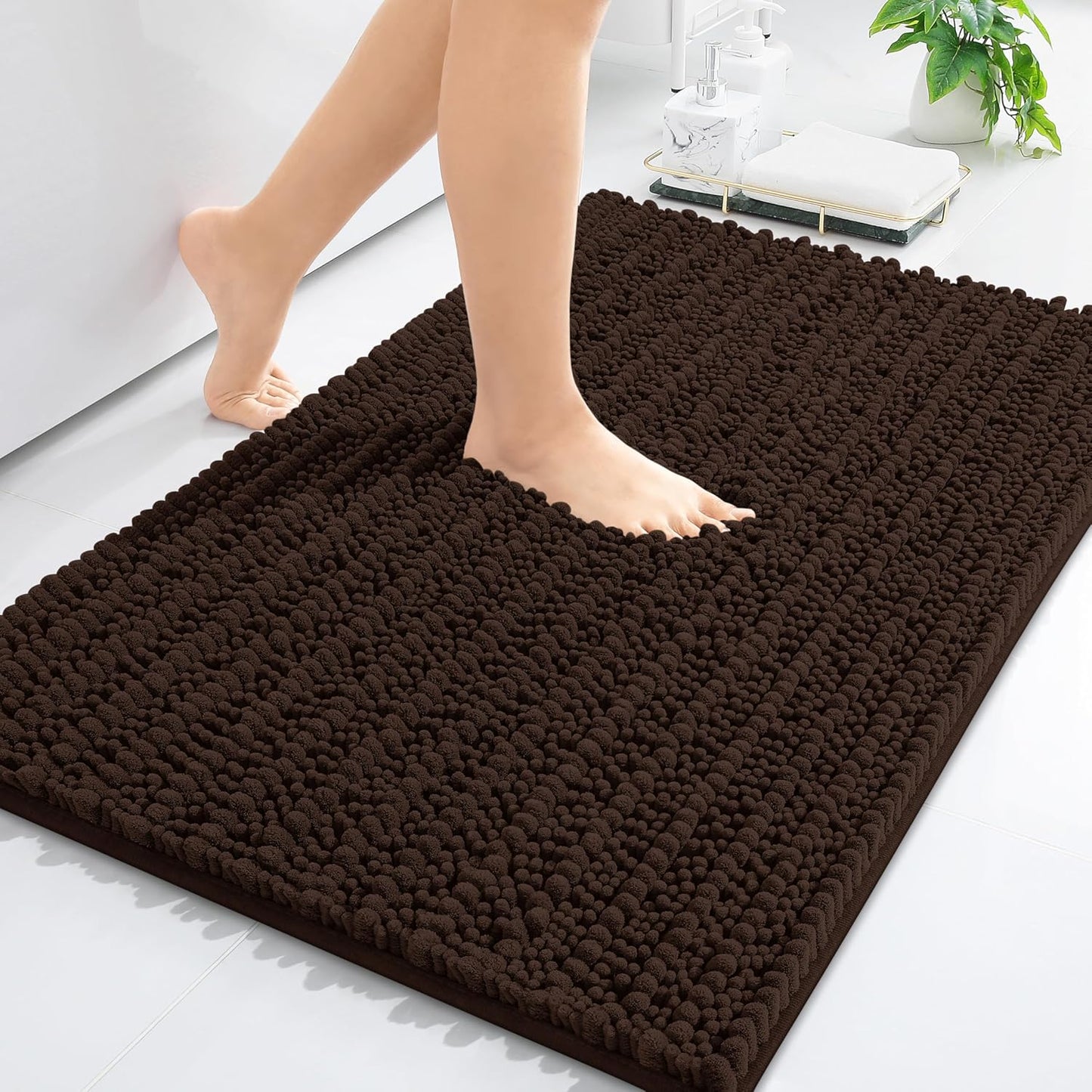 Arotive Luxury Chenille Bathroom Rug Mat, Extra Soft Thick Absorbent Shaggy Bath Rugs, Non-Slip Machine Wash Dry, Plush Bath Mats for Bathroom, Shower and Tub, 30x17, Brown
