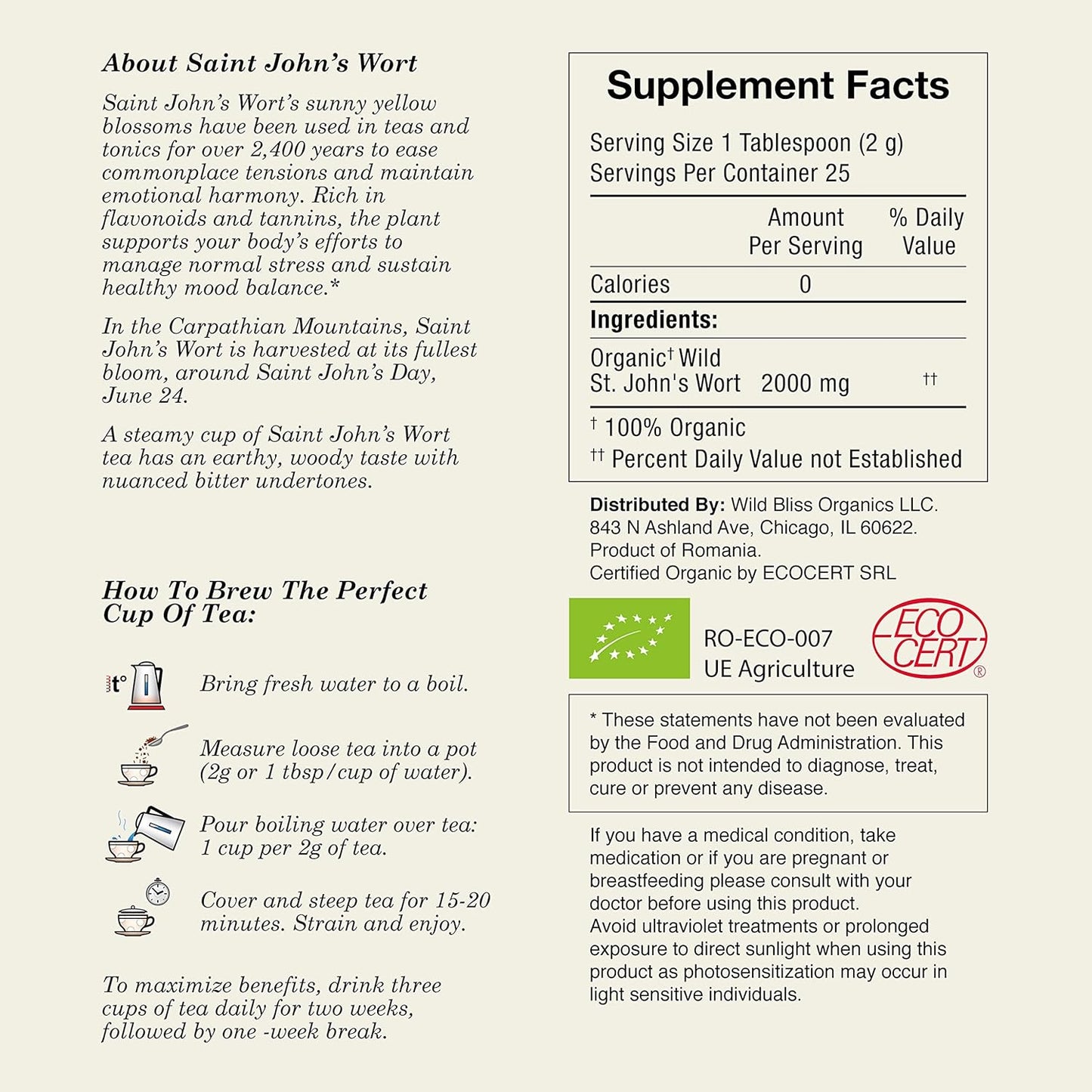 Wild Bliss Organic St Johns Wort Herbal Tea - Caffeine Free Mood Balance Support Tea - Pharmacopoeia Potency - 20 Plant Based Tea Bags