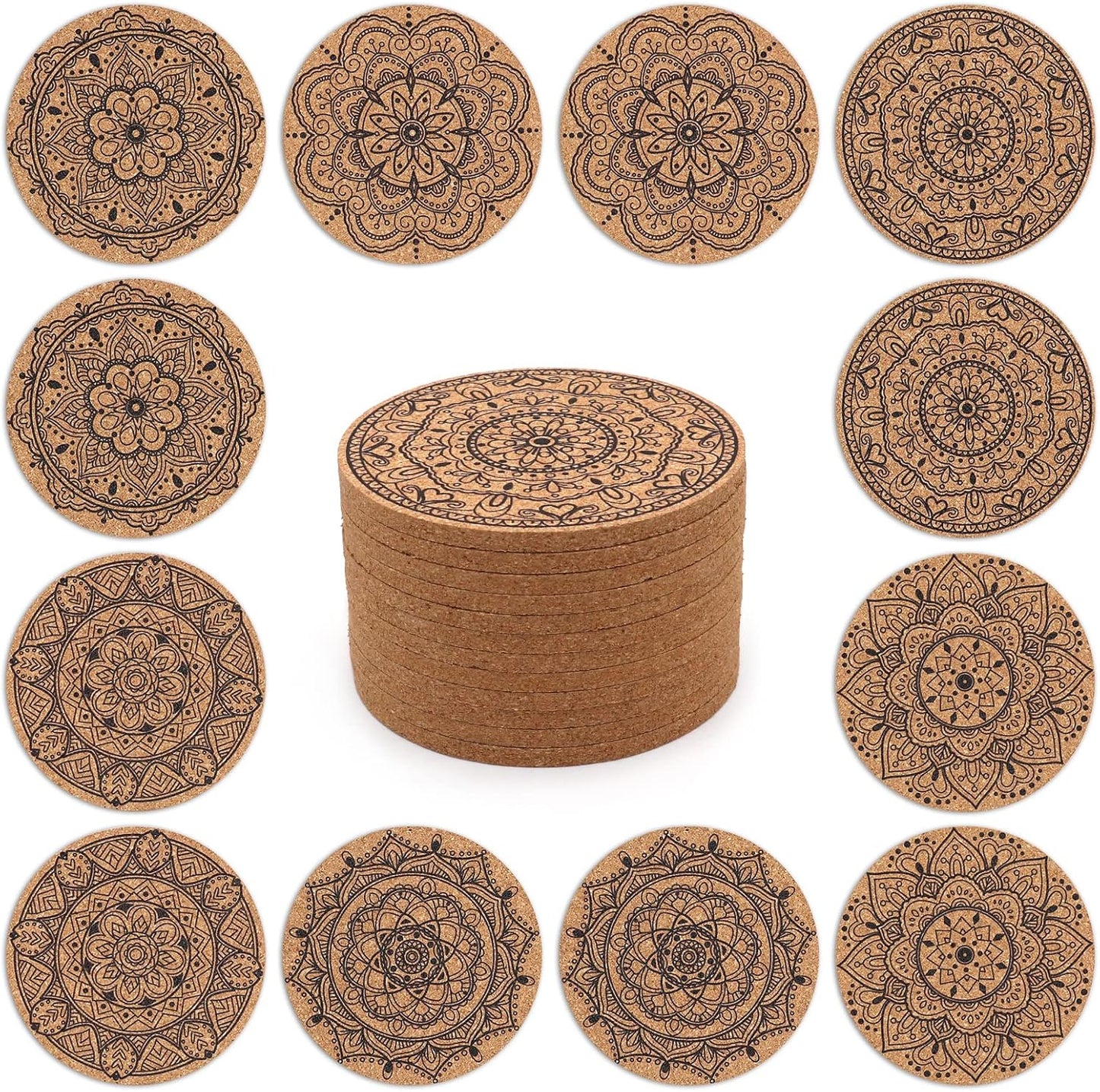 Coasters for Drinks 12 pcs Absorbent Cork Coasters with Flower Pattern Housewarming Gifts for New Home Present for Friends, Living Room Decor, Apartment Decor