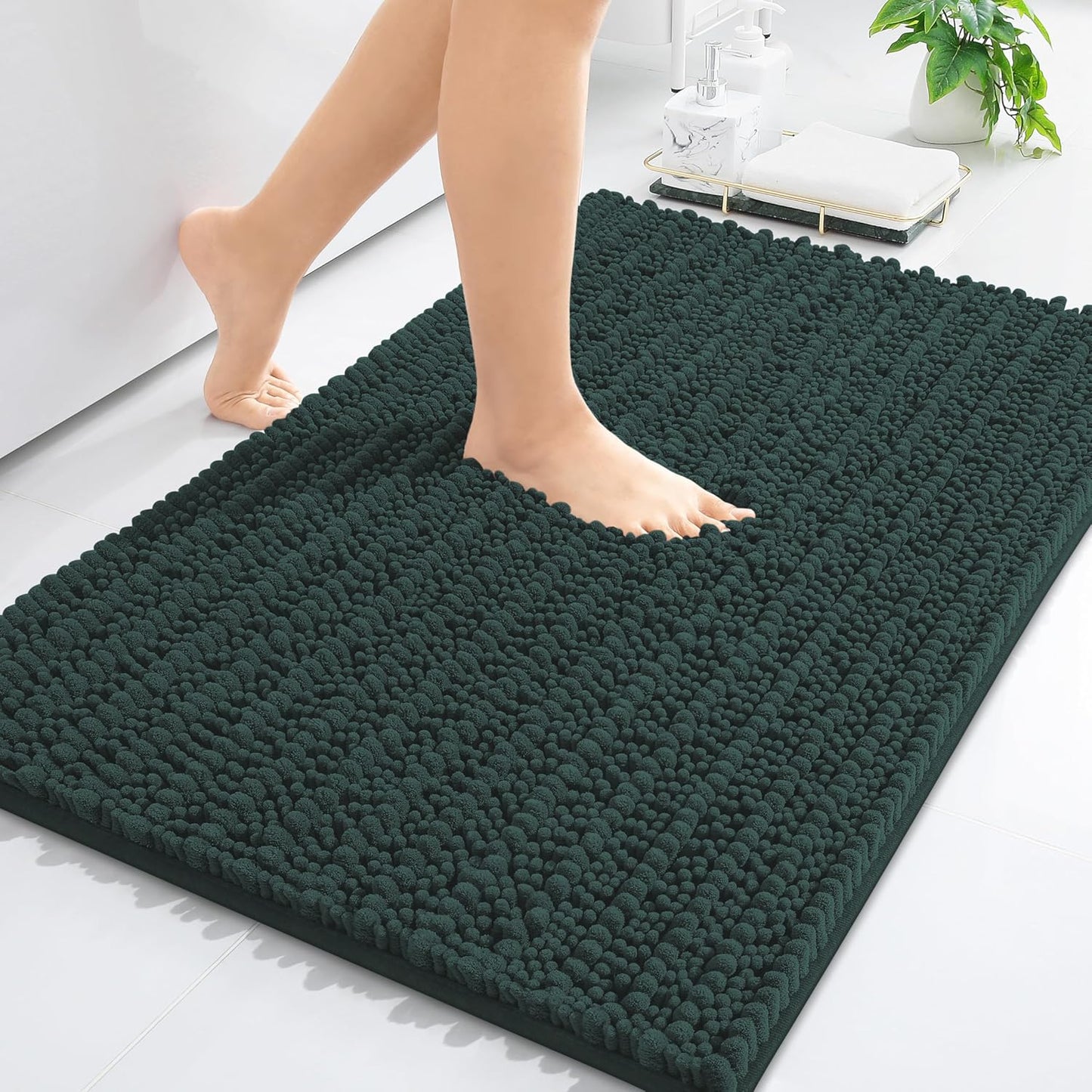 Arotive Luxury Chenille Bathroom Rug Mat, Extra Soft Thick Absorbent Shaggy Bath Rugs, Non-Slip Machine Wash Dry, Plush Bath Mats for Bathroom, Shower and Tub, 30x17, Dark Green
