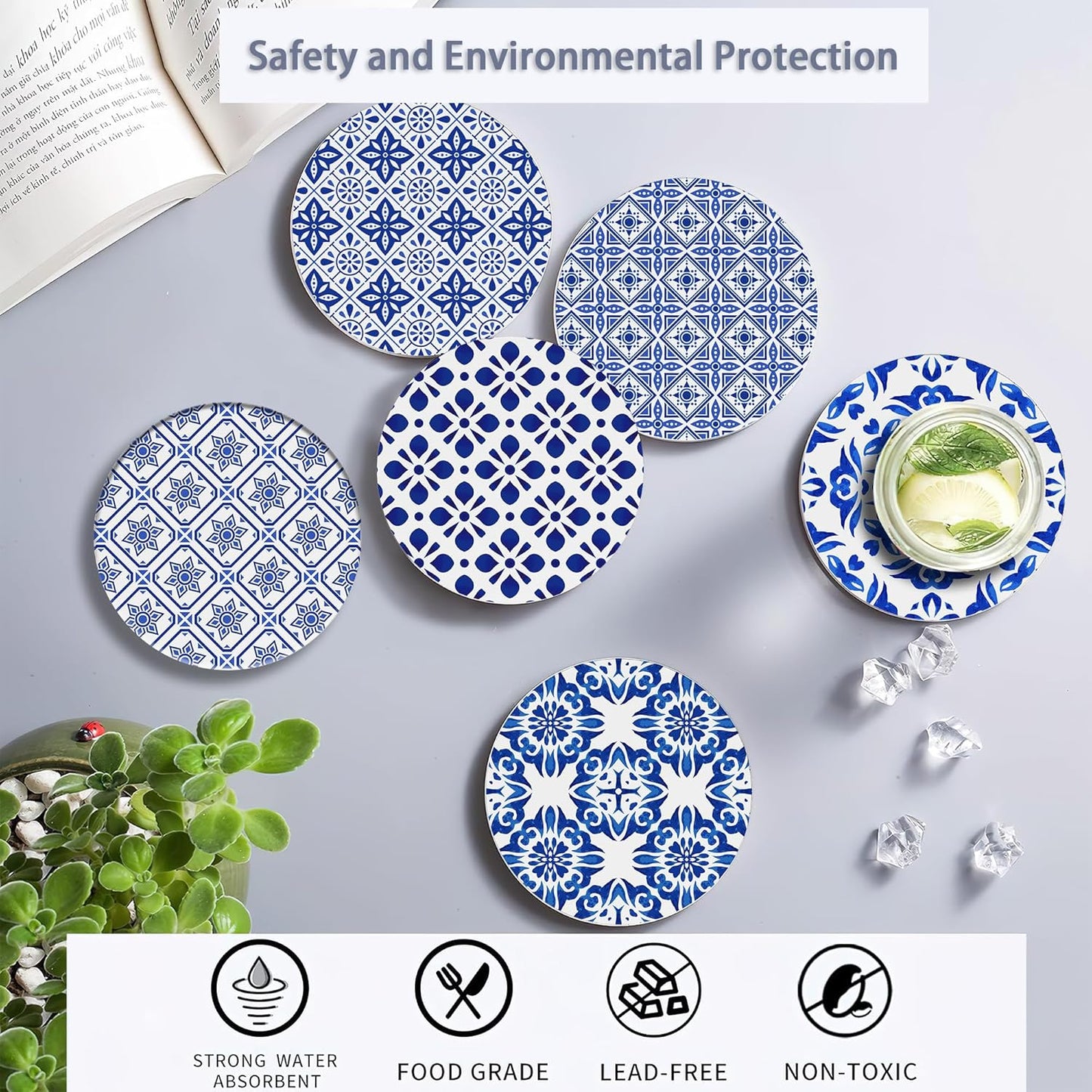 Drink Coasters Set of 6 with Holder, Handpainted Blue Pattern Absorbent Ceramic Coasters with Cork Base,Fit All Cups,Great Gift for Housewarming,Room Decor,Bar,Holiday Party