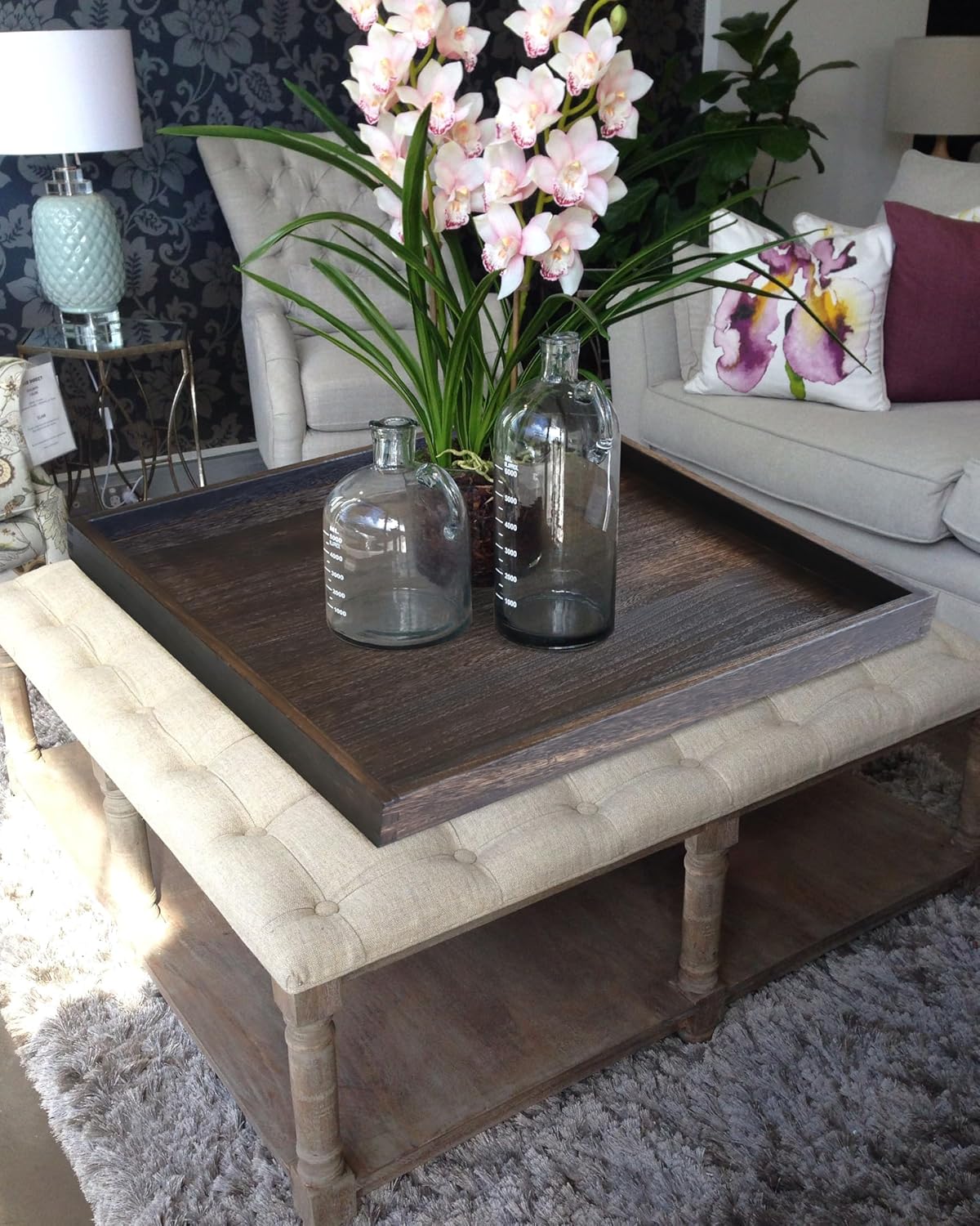 24" Rustic Wooden Serving Tray - Extra Large Square Ottoman Table Tray for Farmhouse Decorative Oversized Coffee Table Trays Living Room Kitchen Counter Breakfast Brown