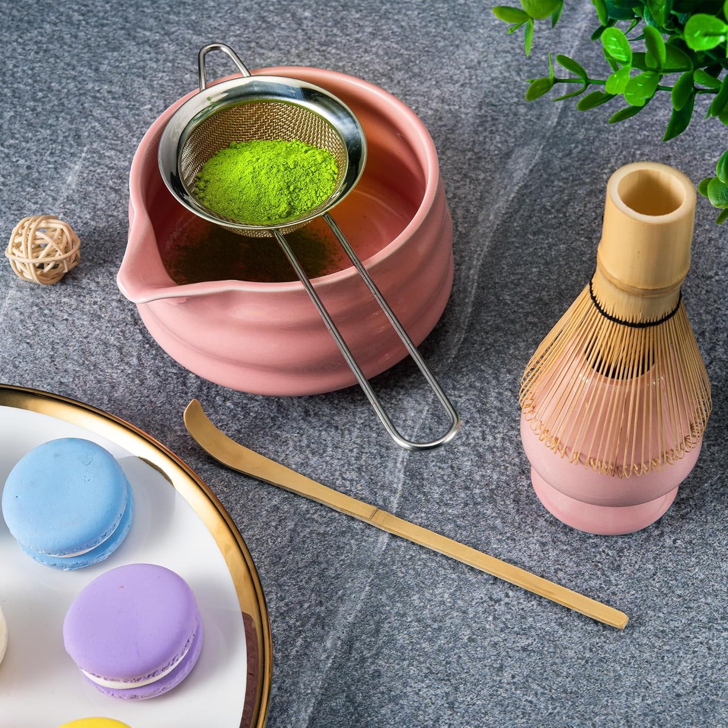 Marce Matcha Whisk Set- Matcha Set includes Matcha Whisk and Bowl with Spout, Sifter, Holder and Scoop- The Perfect Bamboo Whisk for Matcha Tea (Pink)