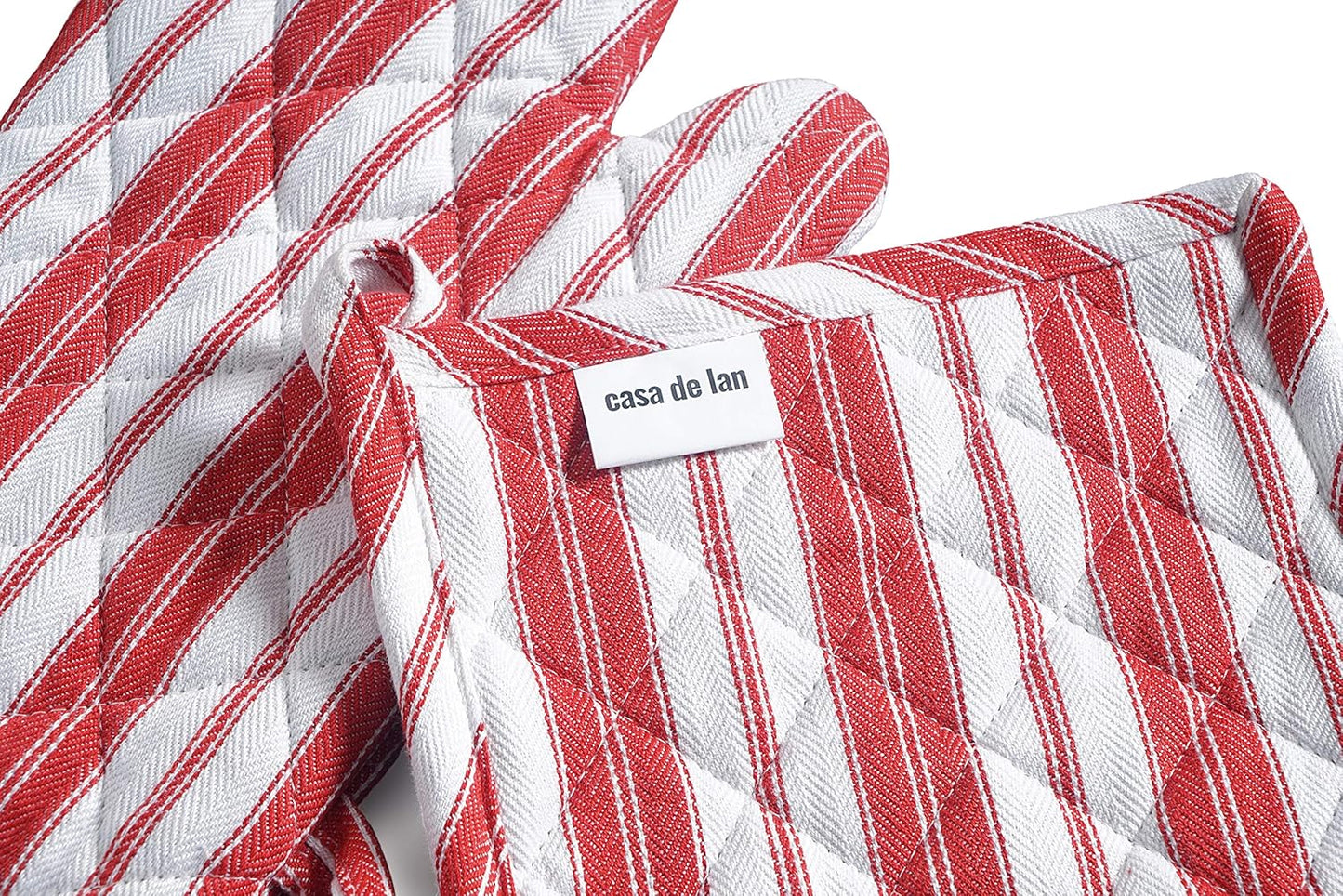 Oven Mitt & Potholder Set - Durable Heat Resistant Gloves - Thick Mittens for Kitchen - Suitable for Cooking, Baking, Grilling – BBQ - 1 Oven Mitts & 1 Potholders – Bright Red Stripes - Casa De Lan