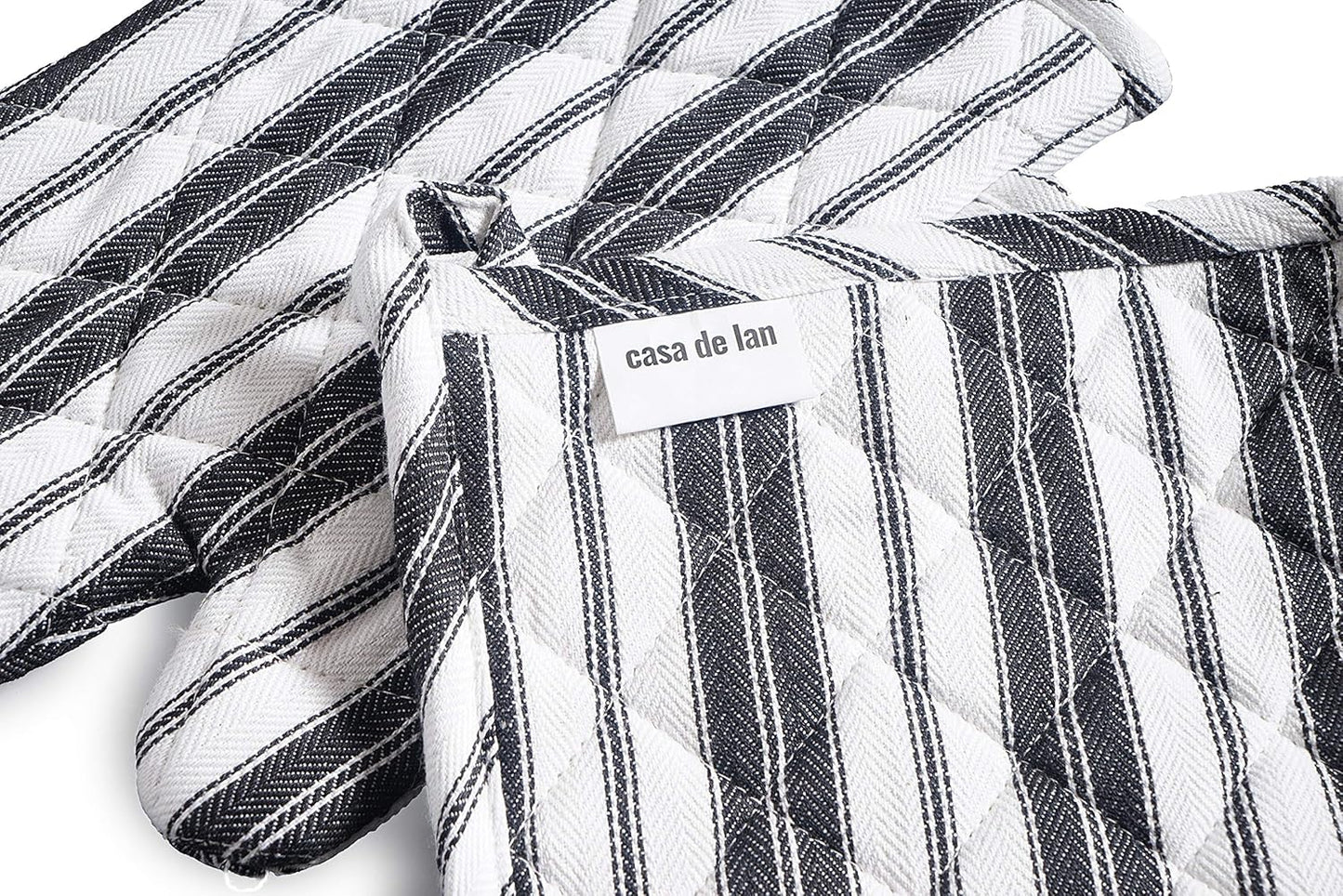 Oven Mitt & Potholder Set - Durable Heat Resistant Gloves - Thick Mittens for Kitchen - Suitable for Cooking, Baking, Grilling - BBQ- 1 Oven Mitts & 1 Potholders - Black Stripes - Casa De Lan