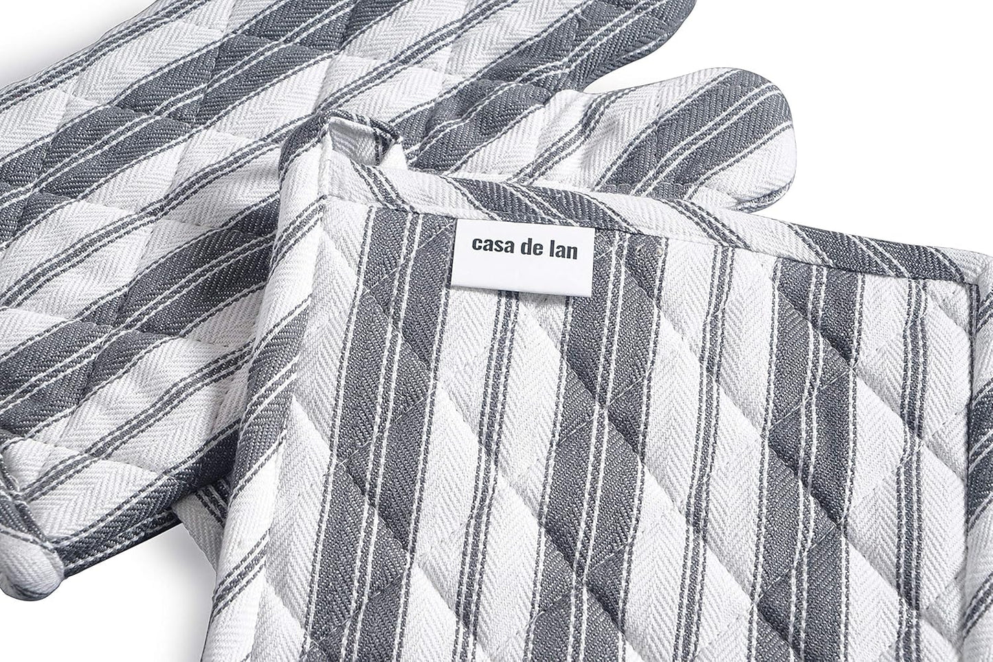 Oven Mitts & Potholder Set - Durable Heat Resistant Gloves - Thick Mittens for Kitchen - Suitable for Cooking, Baking, Grilling – BBQ - 2 Oven Mitts & 2 Potholders – Dark Grey Stripes - Casa De Lan